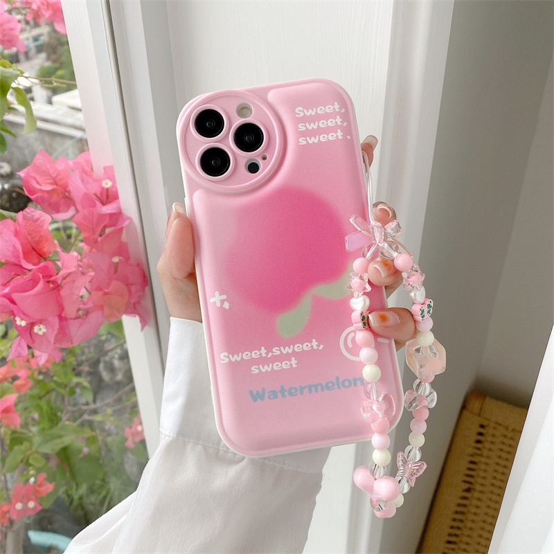 Case Pelindung Lensa Kamera Warna Pink Peach Dengan Rantai Manik-Manik Untuk Iphone 7 8 PLUS X XR XS 11 12 13 14 PRO MAX SE