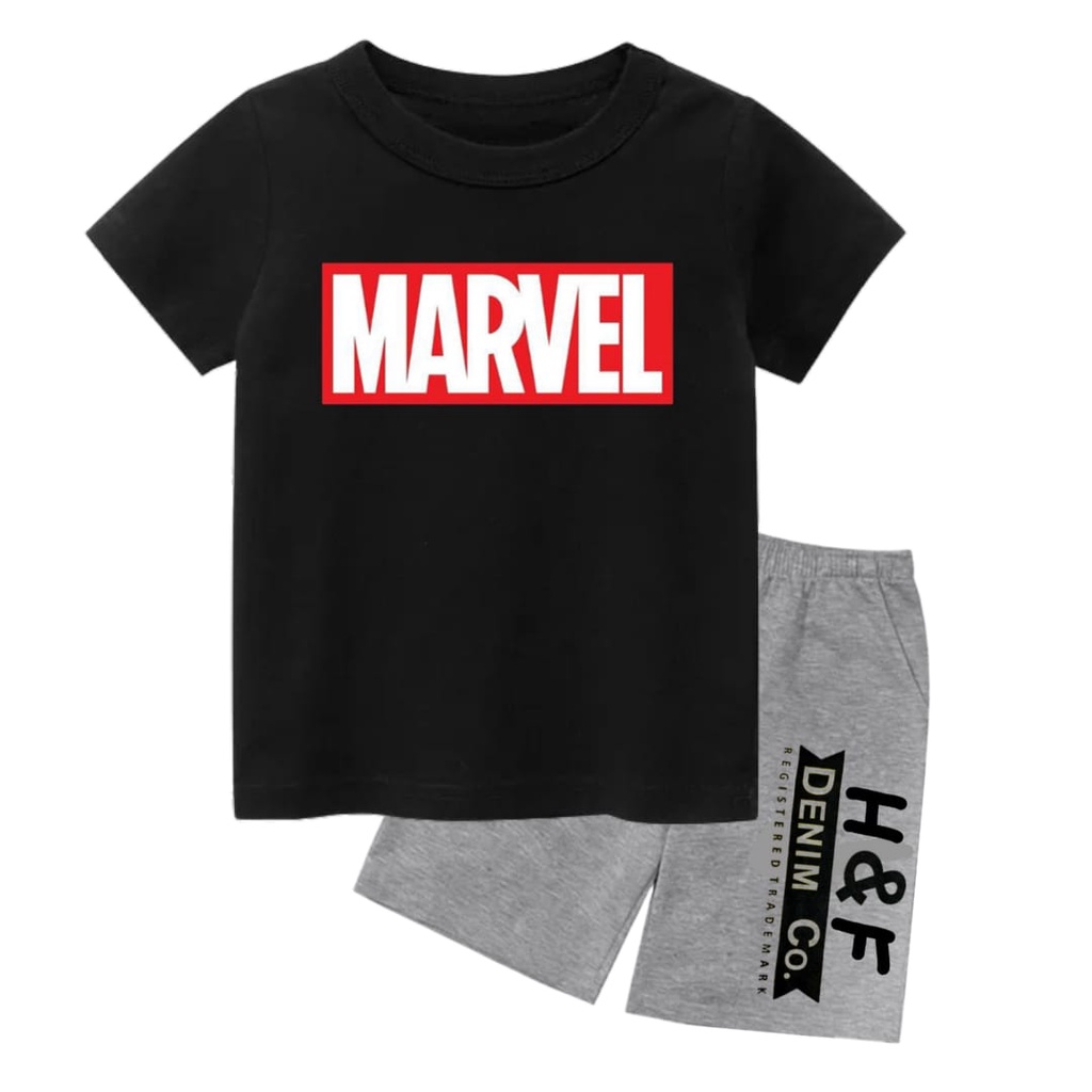 Setelan Lengan Pendek Set Baju Kaos Pendek Anak Laki Laki Motif Marvell DTF