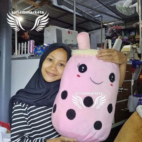 ✔️sofiammarkete ✔️ BONEKA MILK TEA VIRALLL | BONEKA BOBA COKLAT POLKADOT PINK 45 CM | BOBA GALON TIN