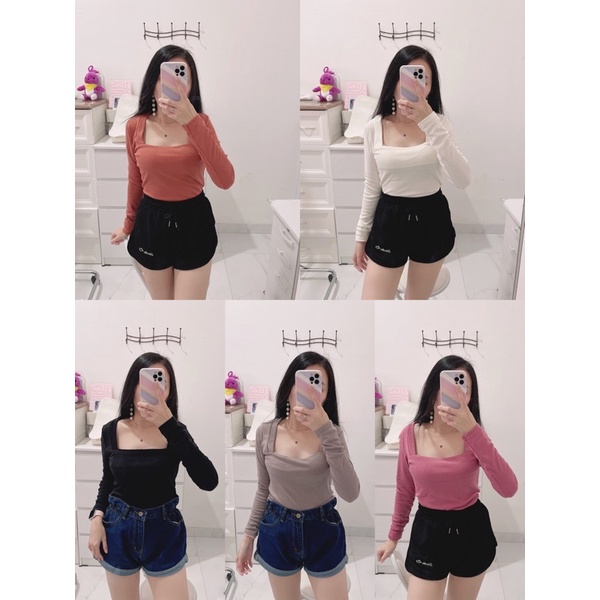 atasan wanita polos lengan panjang rajut square  import.croptop polos wanita lengan pjg import.top lengan panjang polos murah kekinian.top lengan pjg leher square