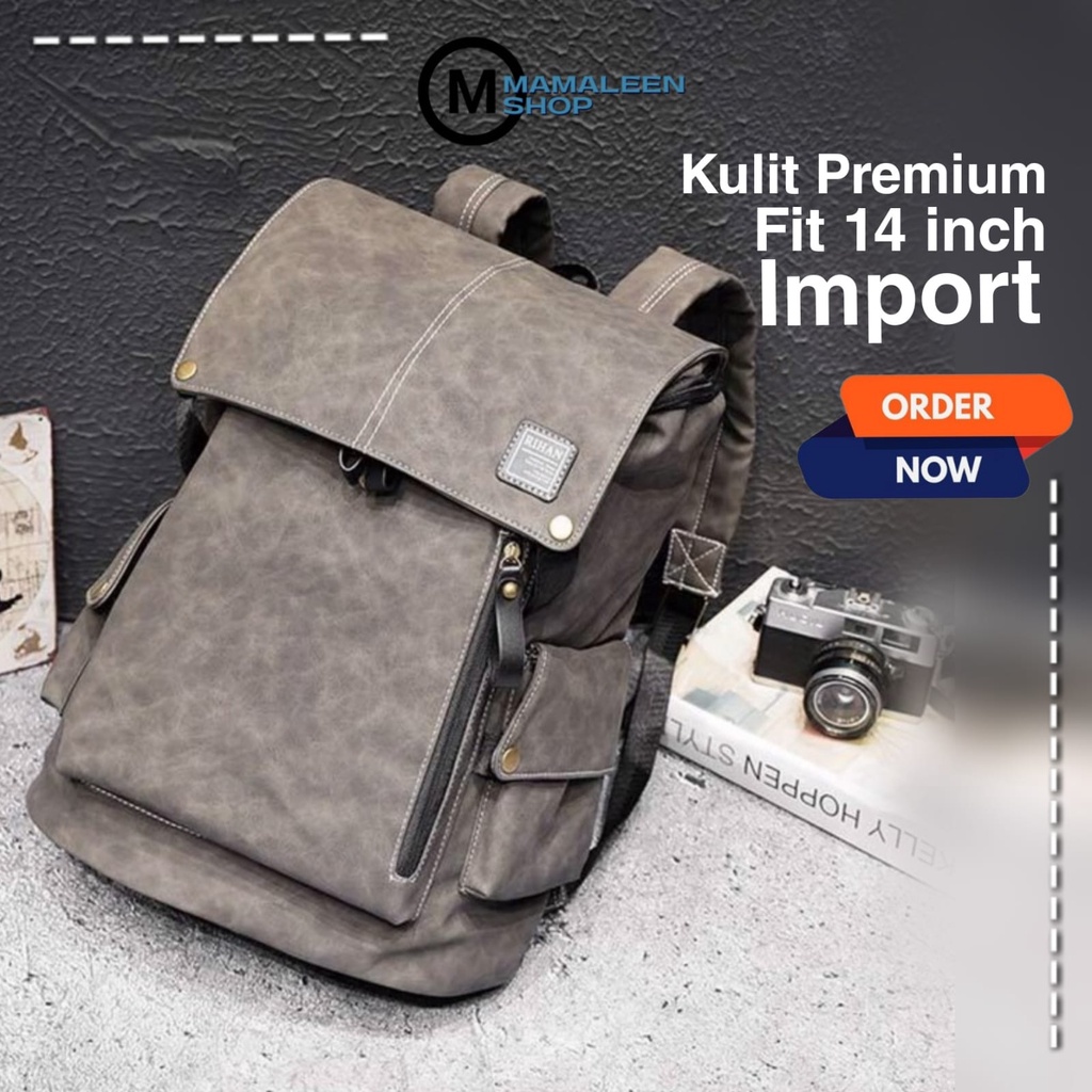 Tas Ransel Cowok Kulit Pria Sekolah Kuliah Muat Laptop 14 inch Casual Asli Import Warna Abu Grey 123