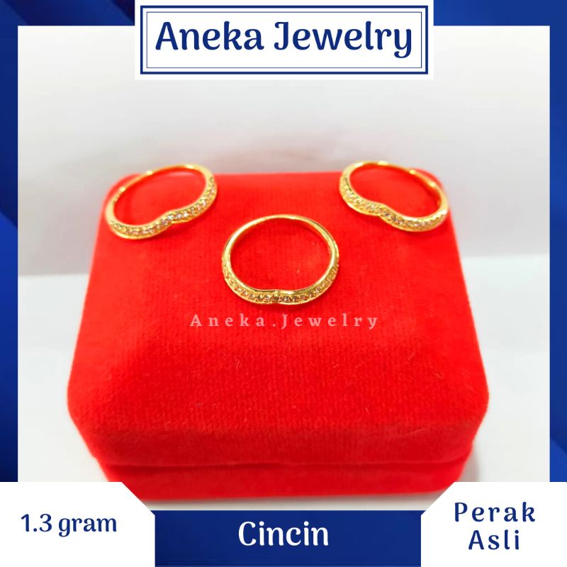 Cincin V Sebaris Full Mata-Mata, Perak 925, Sepuh Emas Kuning