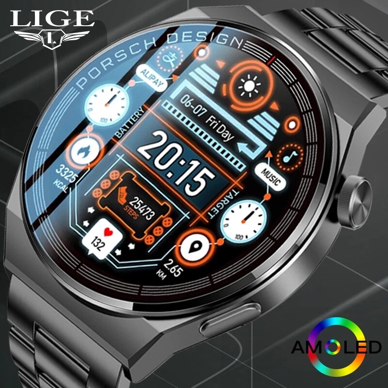 LIGE Jam Tangan Pintar AMOLED Pria, Gelang Fitness Stainless Steel Tahan Air Layar HD 390*390 Selalu