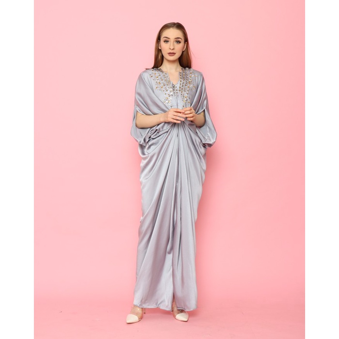 Gamis Jumbo Murah Kaftan Payet Saten Modern Gamis Kaftan Pesta Mewah Busui Putih - Abu-abu Berkualit