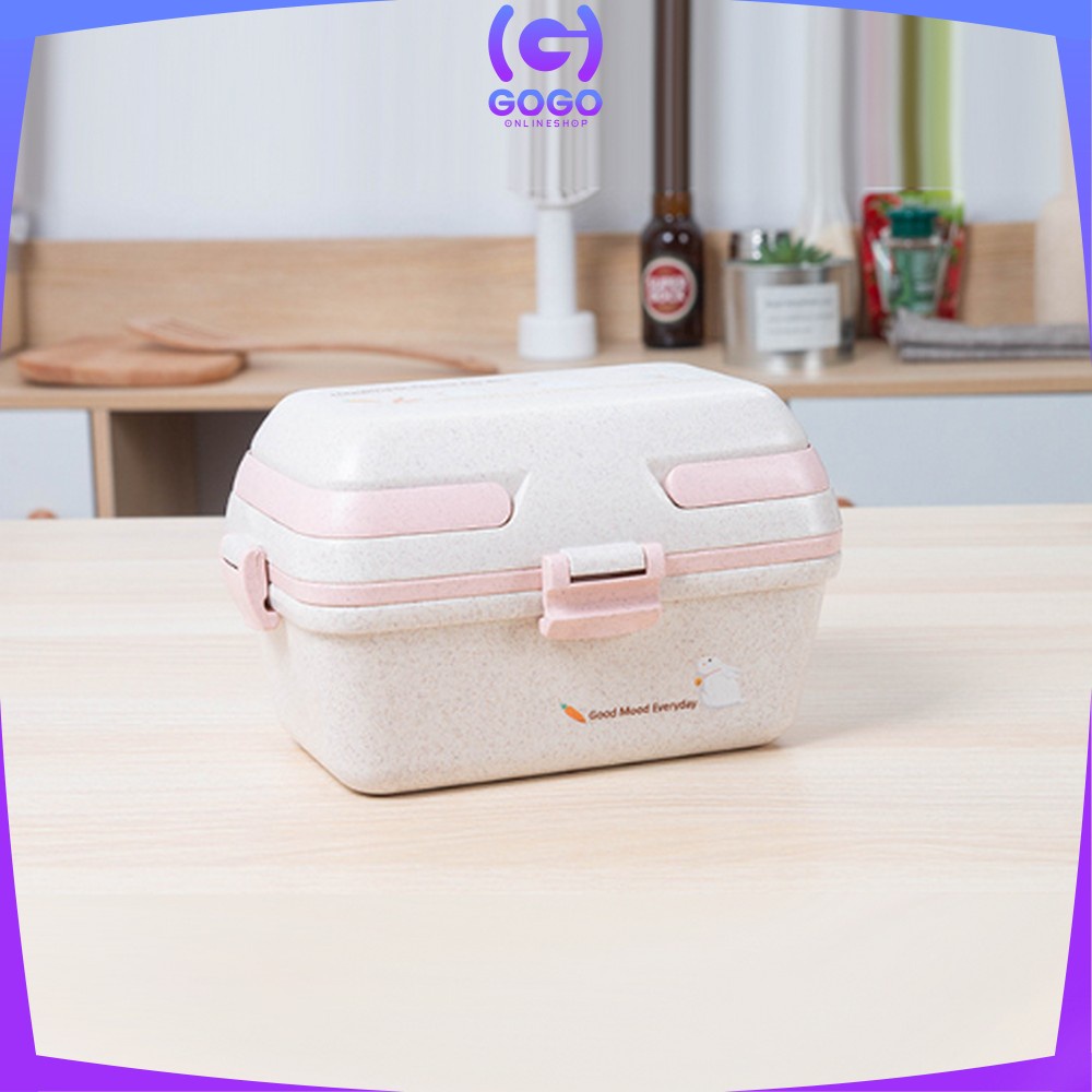 GOGO-C693 Tempat Makan Anti Tumpah Lunch Box Set Free Sendok Sumpit Bahan PP Jerami Gandum BPA FREE / Kotak Bekal Microwavable Bento Set Portable