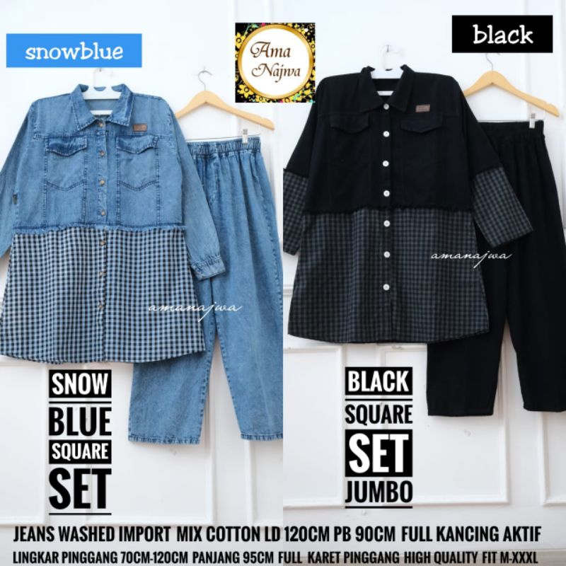 Cici Black Square One Set Setelan Celana Tunik Jeans Mix Katun Kotak Ld 120 Jumbo Fit XXXL By Amj
