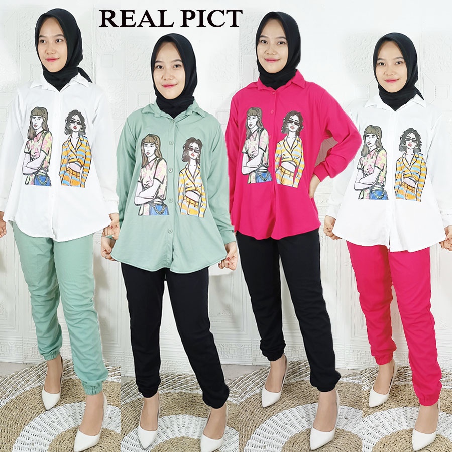 SETELAN GANES KEMEJA WANITA CANTIK DAN CELANA PANJANG BASIC GL FASHION