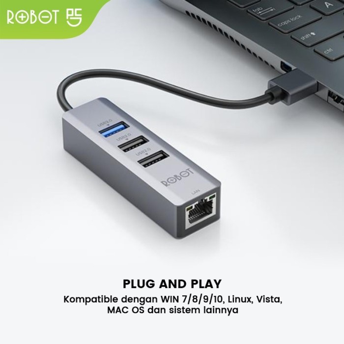 USB Hub Robot HEA100 Grey 4 Port USB 3.0 USB 2.0 Ethernet Adapter