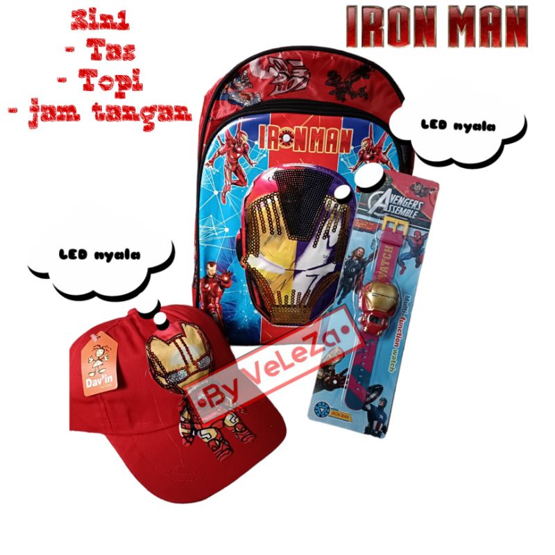 Tas ironman Tas ransel anak laki-laki karakter ironman 3in1 - tas + topi + jam - tas anak