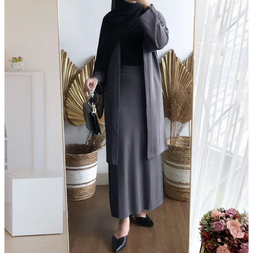 Yurika One Set Rok Span + Cardigan 2 In 1 Setelan Rajut Tebal Lembut Wanita Premium Terbaru Fit to XL / Rajut setelan Pocky / Baju Atasan Import Boxy Murah / Set Cardi Panjang Fashion Wanita Muslim / Daily Set Atasan Dan Bawahan Rajut