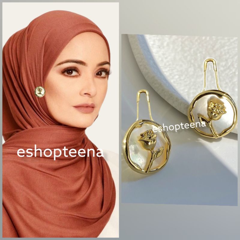 A194 anting hijab bulat putih mawar gold_anting jilbab