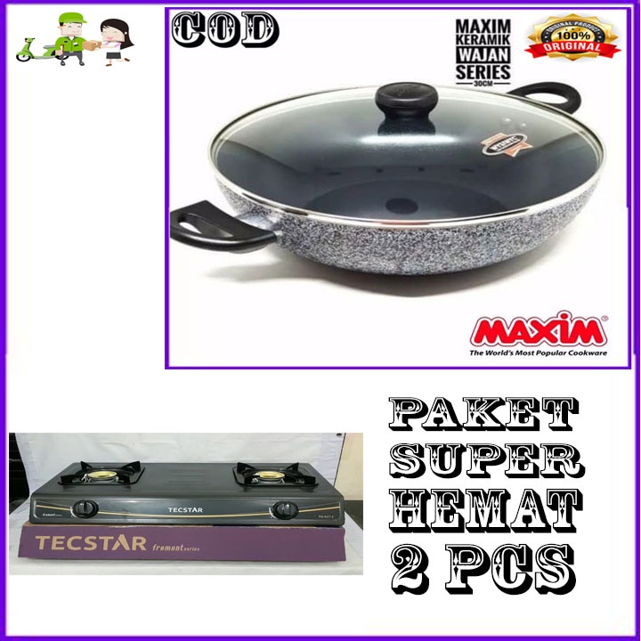 MAXIM CERAMIC WOK 30 CM TUTUP KACA ORI + KOMPOR TS 2 TUNGKU BERGARANSI RESMI
