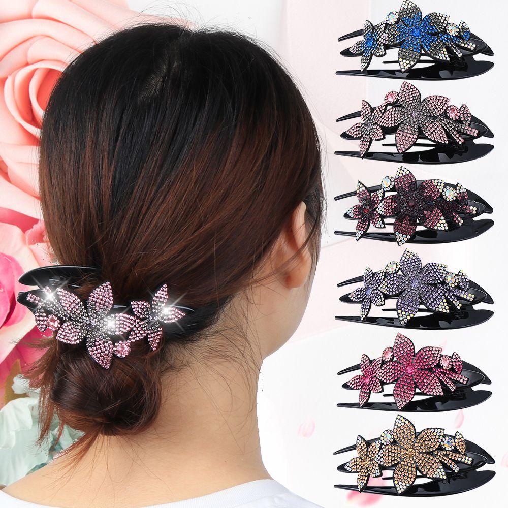 Korean Hair Clip Rhinestone Accent Double Flower Hairpin For Women