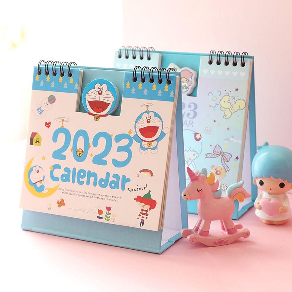 [Elegan] Kalender Meja 2023tahunan Kawaii Kartun Siswa Perencana Berdiri Sendiri Agenda Mini Tabletop Cowok Cewek Standing Flip Calendar