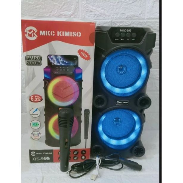 Speaker Bluetooth SQ999 Bonus Mic karaoke Dual Speaker 6,5Inchi X2 Salon Aktif Portable Radio FM wireless Super Bass Lampu Disco Aux memory Card Usb