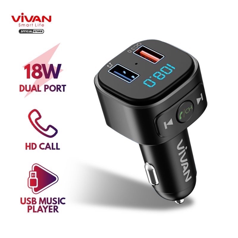 VIVAN VBT01 Car Charger dan Bluetooth Transmintter Bluetooth 5.0 Dual Port 18W QC 3.0 Black - Garansi Resmi 1 Tahun