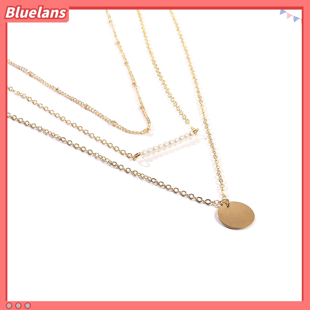 Bluelans Women Stylish Faux Pearls Polished Coin Charm Pendant Three Layers Necklace