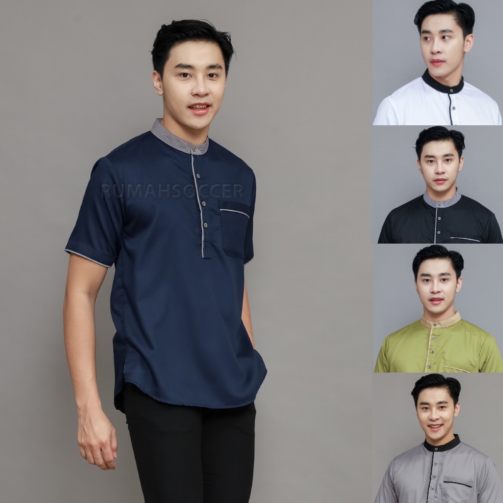 Baju Koko Pria AKHTAR Lengan Pendek Atasan Muslim Pria Dewasa Polos Bahan Katun Adem Tersedia Ukuran S M L XL XXL