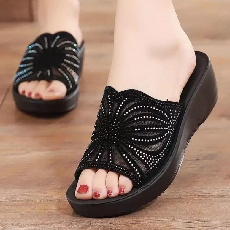 GA.18Oc22ᴷ ▫ AZR sandal wedges wanita calbi motif daun slop sandal wanita calbisandal wedges calbi20