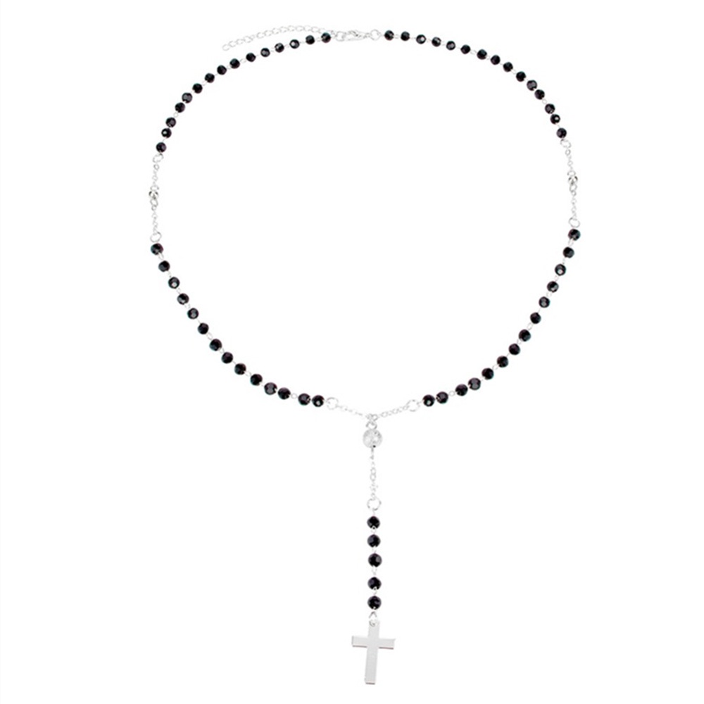 Kalung Choker Rantai Liontin Salib Hias Manik-Manik Kristal Hitam Gaya Bohemian