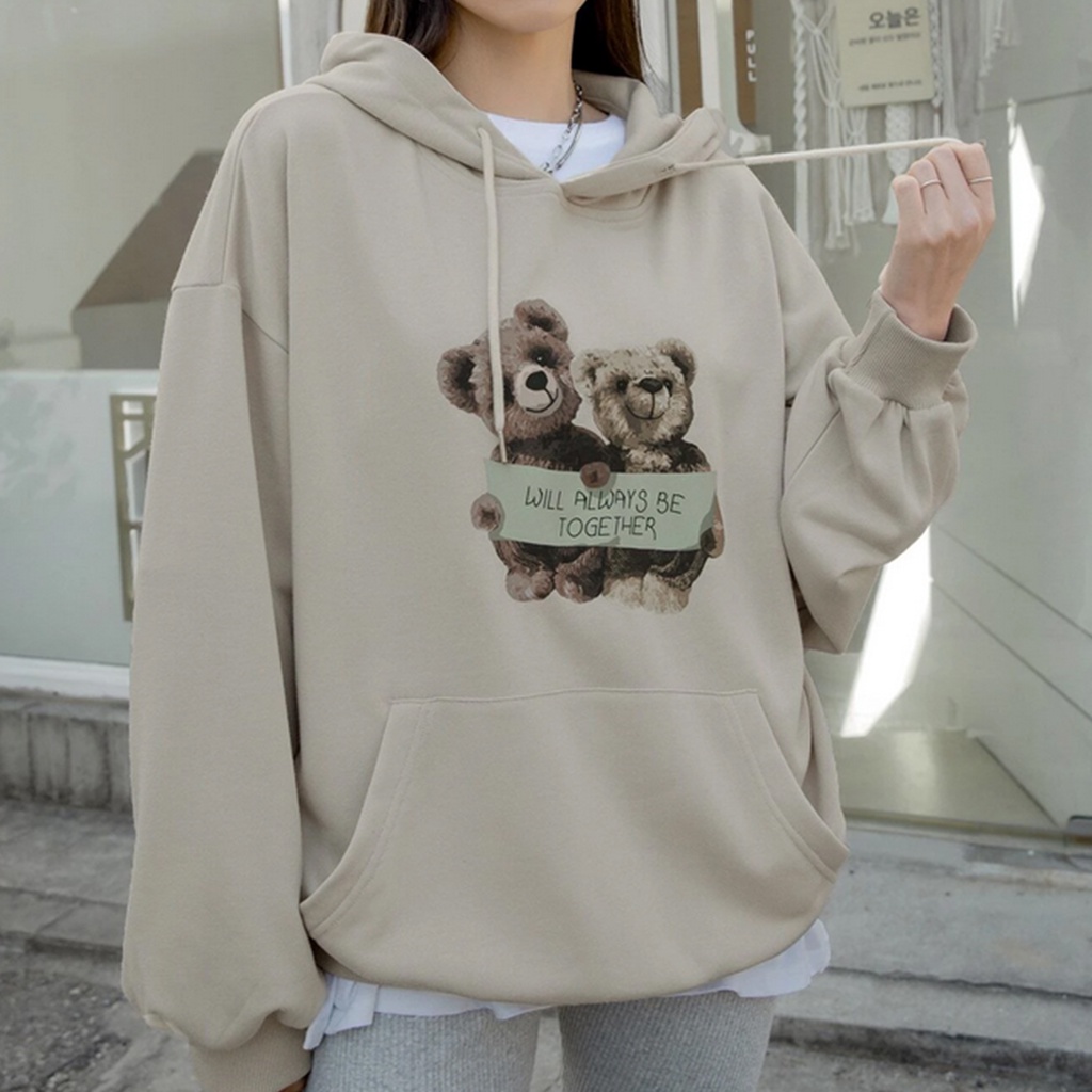 Hoodie Wanita Twin Bear Together - Korean Style Jumper - Bahan Fleece - Ukuran Allsize - Baju Wanita - Hoodie Pria