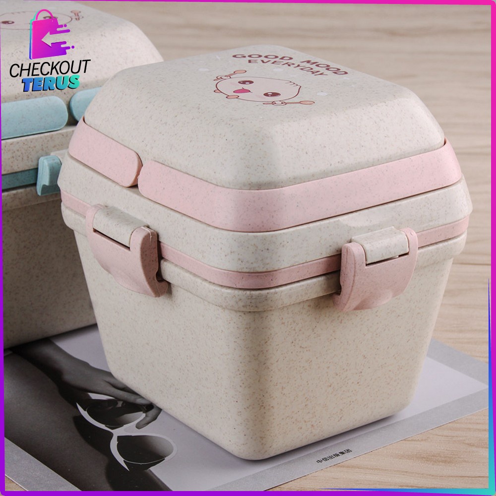 CT C692 Tempat Bekal Bento Set Microwavable Good Mood Everyday Portable BPA FREE Anti Tumpah Free Sendok Bahan PP Jerami Gandum Kotak Makan Lunch Box Set