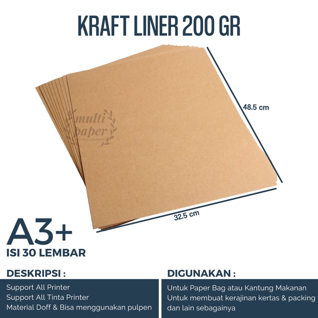 

Kertas Paper Bag Lembaran 200 gsm Kraft Liner A3 Plus isi 30 lembar / Bahan Paper Bag / Brown Kraft Paper