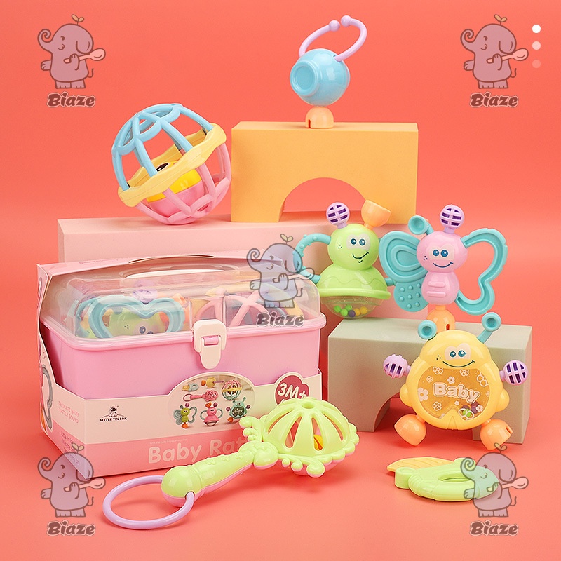 Biaze Baby Teether Rattle Teething Kit Mainan /Gigitan Bayi Gigitan /Bayi Teether Mainan Bayi /Rattle Teether bayi dengan kontainer 7 pcs set