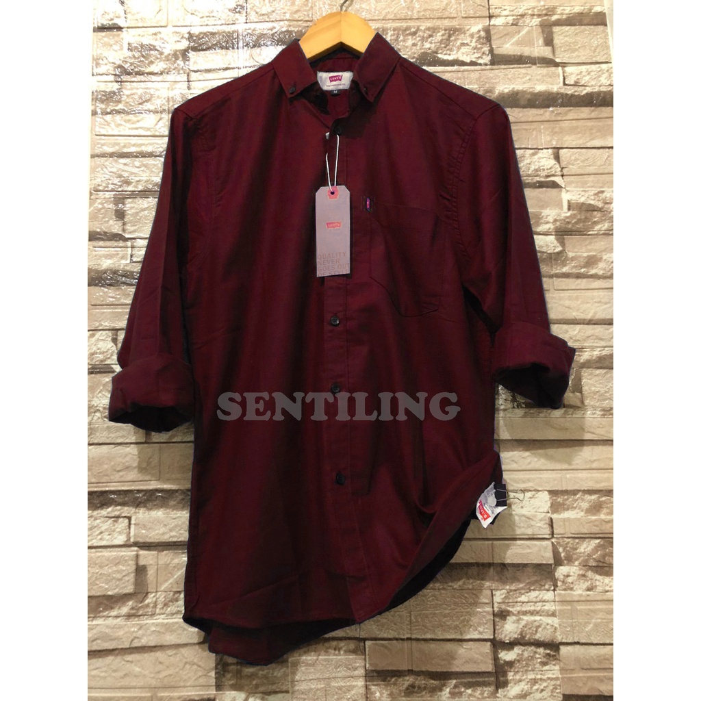 Terwuwu kemeja panjang pria cowok gatlemen cowok biru navy dongker polos formal kantor-Maroon