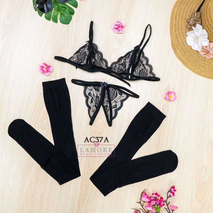 SET LINGERIE WANITA BH CD SEKSI + STOCKING SEXY LACE HITAM AC37A HIGHT CLASS 