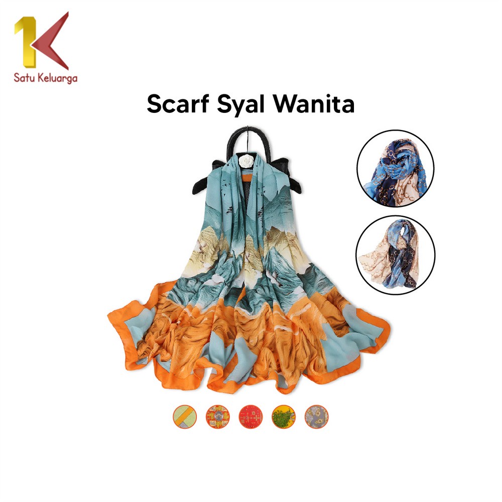 1K Scarf Syal Wanita Motif 90 x 180 Pashmina Bahan Satin Shawl Style C597 Silk Long Scarf Leher Cewe