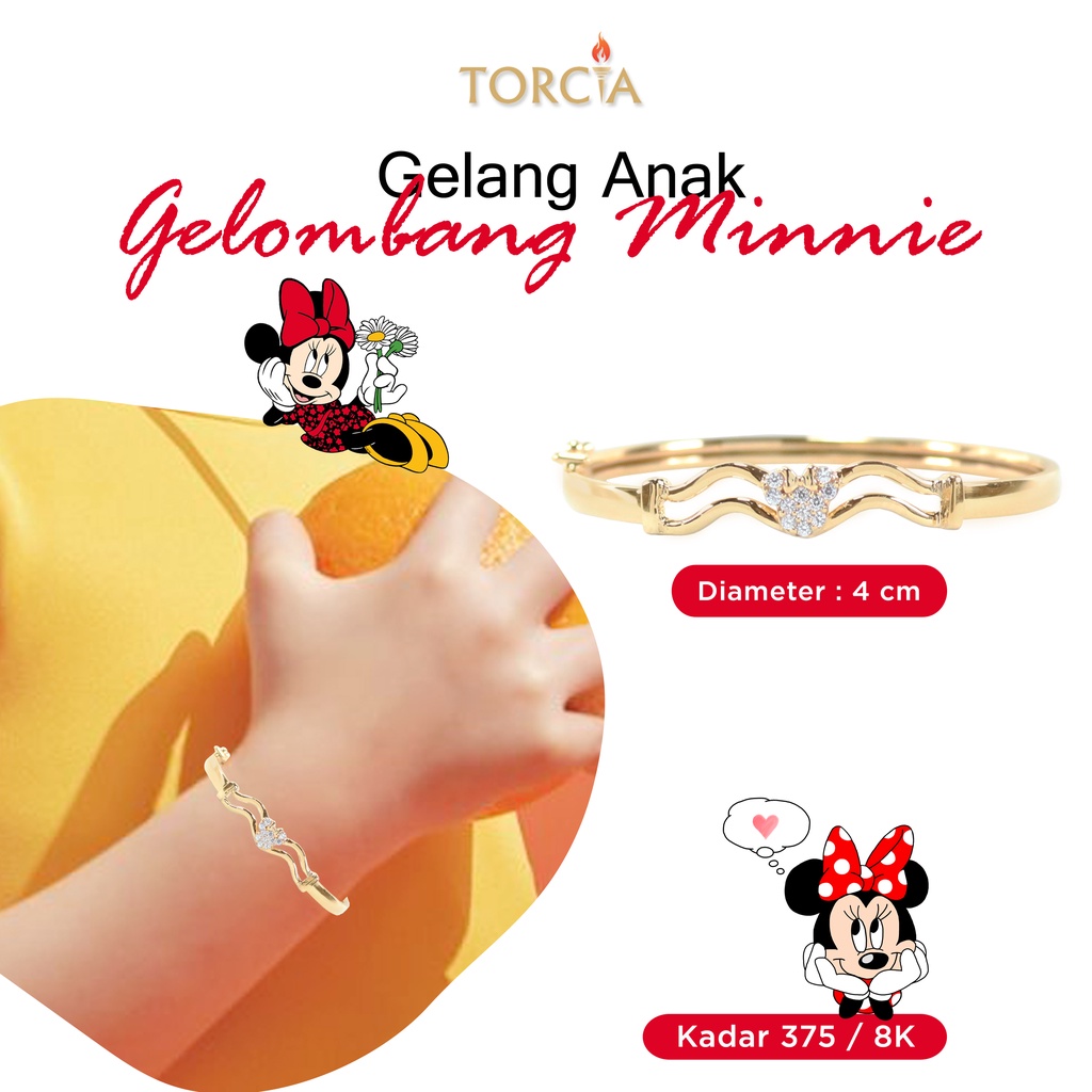 Gelang Bayi dan Anak Emas Asli Gelombang Minnie Kadar 375 Torcia