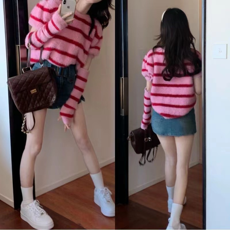 NICO##SWEETER RAJUT WANITA/BAJU RAJUT WANITA LENGAN PENDEK/SETELAN ATASAN LONGGAR LENGAN PENDEK WANITA SWEATER RAJUT BERGARIS PINK LEMBUT