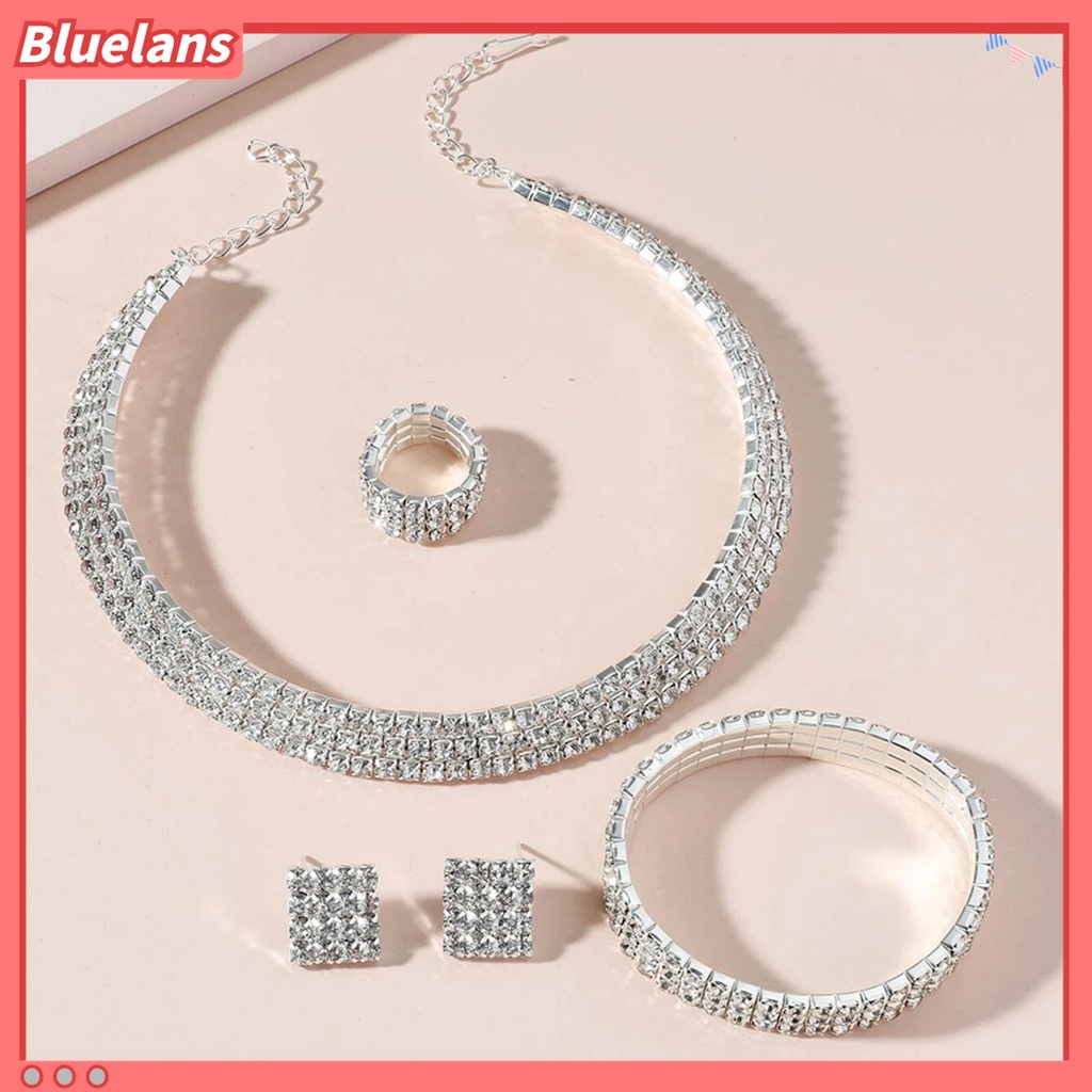 1 Set Perhiasan Kalung Gelang Anting Cincin Geometris Aksen Berlian Imitasi Kilau Terang Untuk Pernikahan