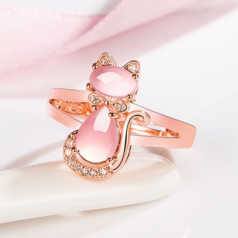 Fancyqube Cincin Tembaga Wanita Desain Kucing Hias Batu Kristal Pink Berlian Imitasi Adjustable