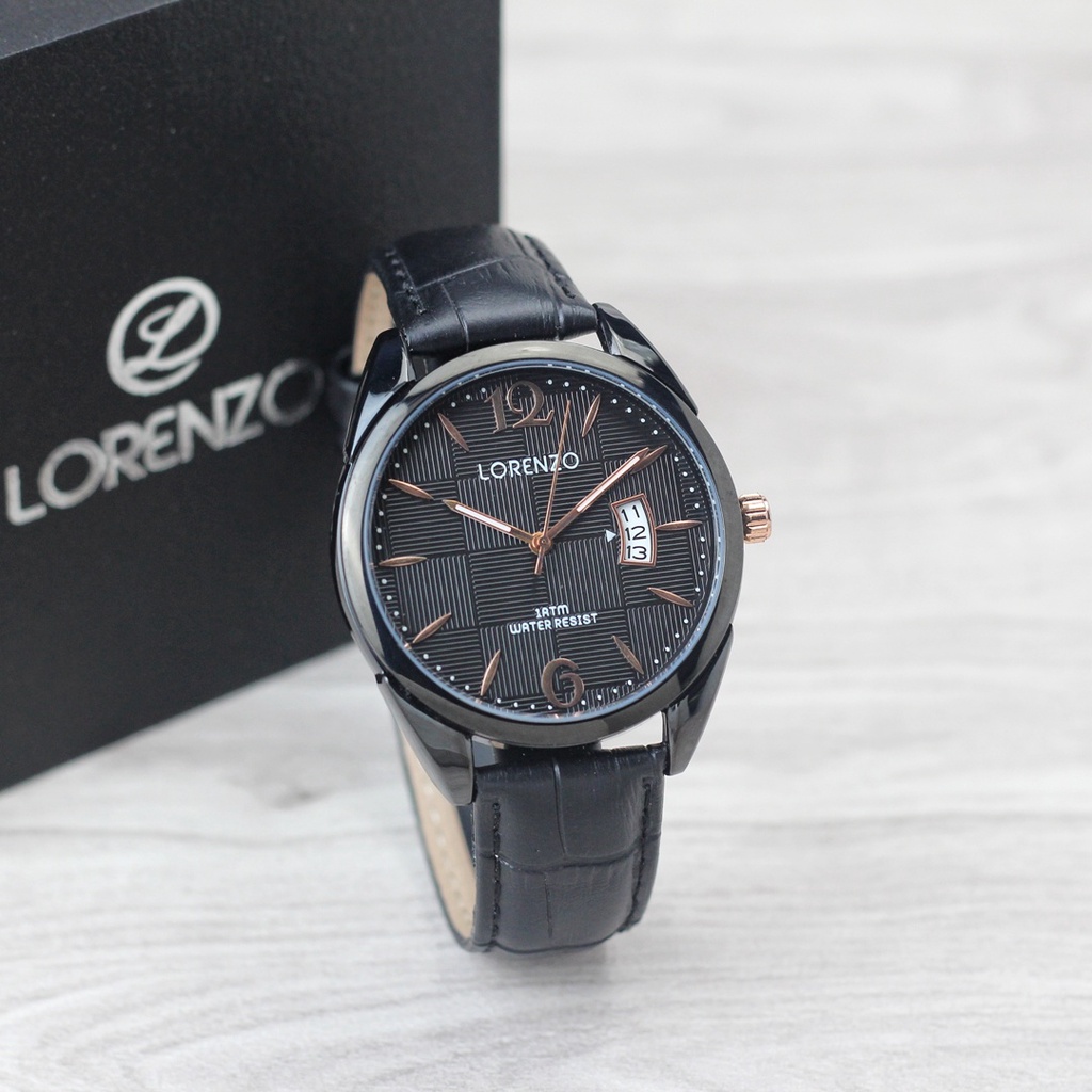 jam tangan Pria lorenzo 1052 original tali kulit tanggal aktif