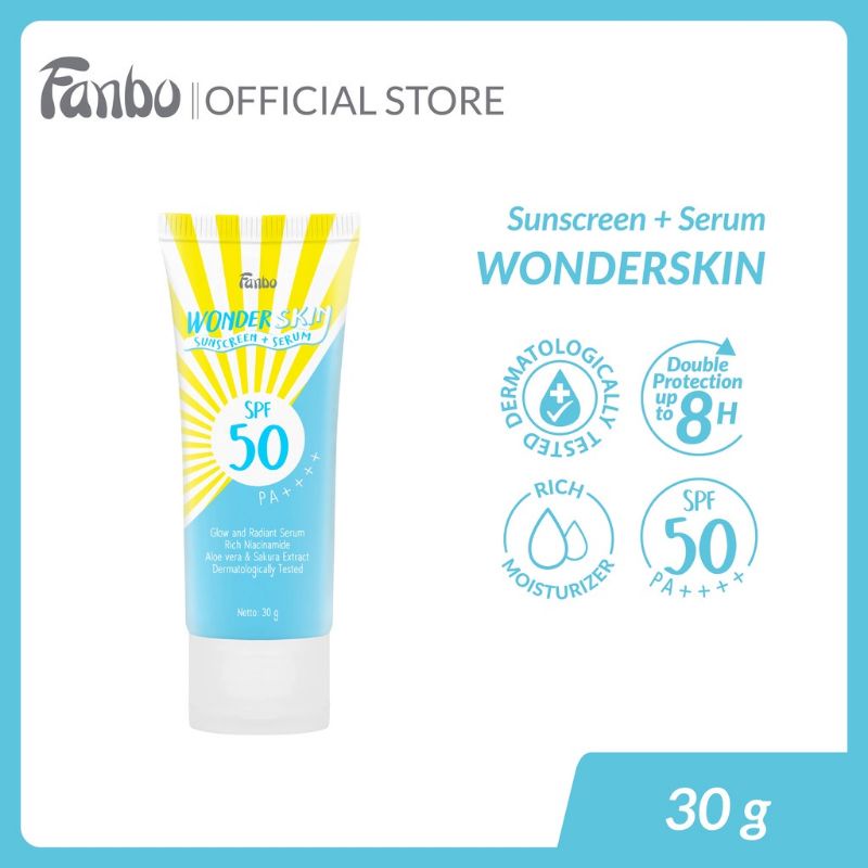 Fanbo Sunscreen 30gr | Wonder Skin Sunscreen + Serum SPF 50 PA++++ | Acne Rescue Water Gel Sunscreen SPF 35 PA ++++