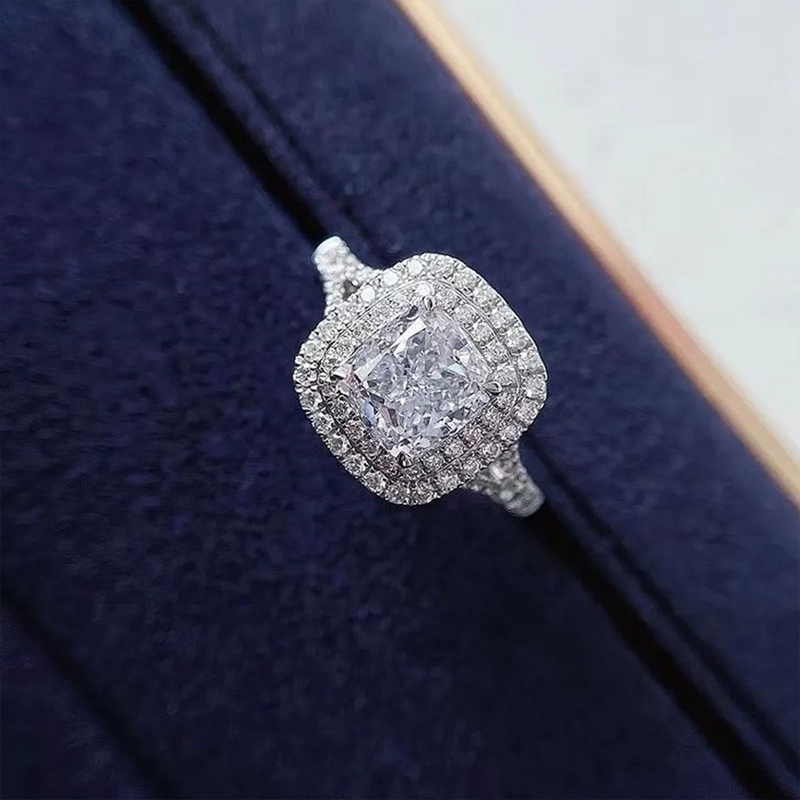 Fancyqube Cincin Pernikahan Warna Silver Bentuk Potongan Bantal Bahan Cubic Zirconia Untuk Wanita