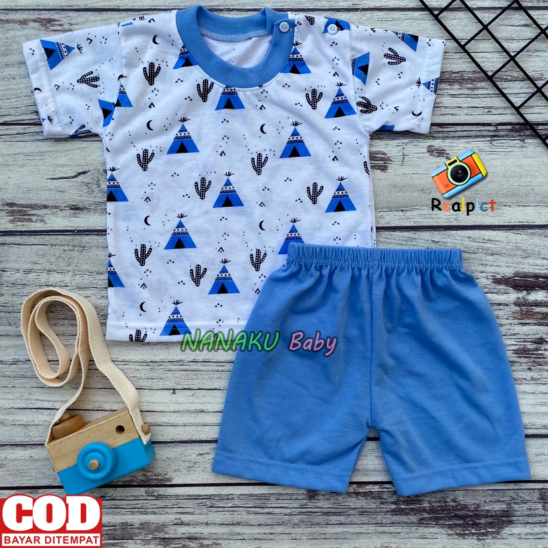 Setelan Baju Bayi Setelan Piyama Bayi Lengan Pendek Kancing Bahu Motif Piramid Usia 3-12 Bulan Ana BAby