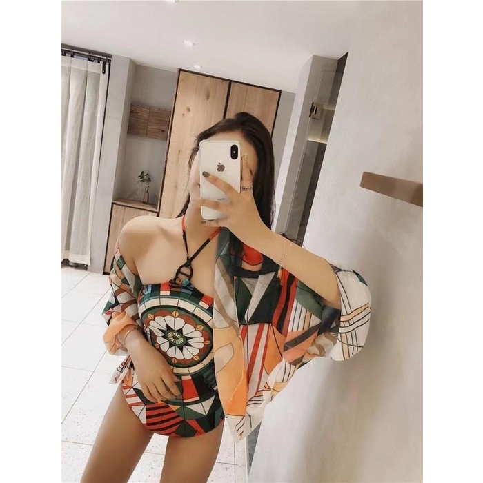 aztec set swimsuit one piece + kain outer / baju renang wanita premium