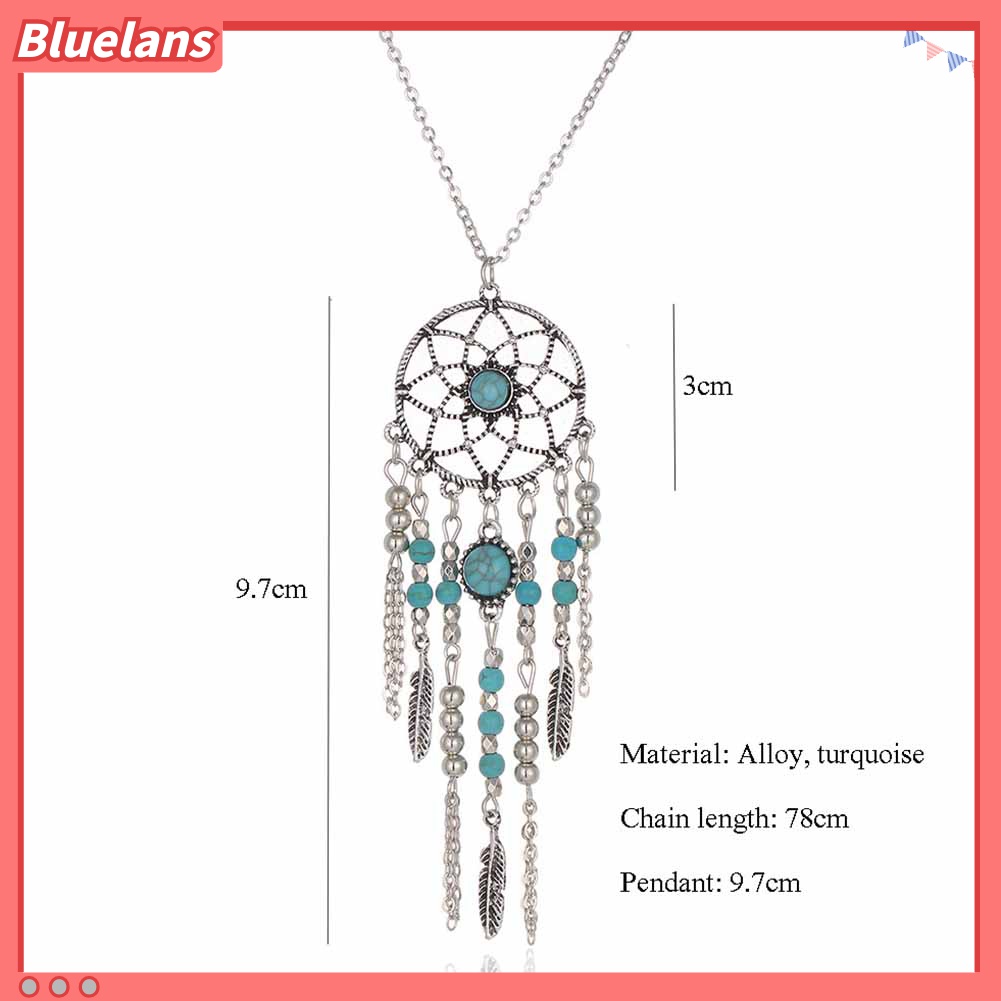 Kalung Rantai Rumbai Desain Dream Catcher Bulu Aksen Turquoise Gaya Boho Untuk Wanita