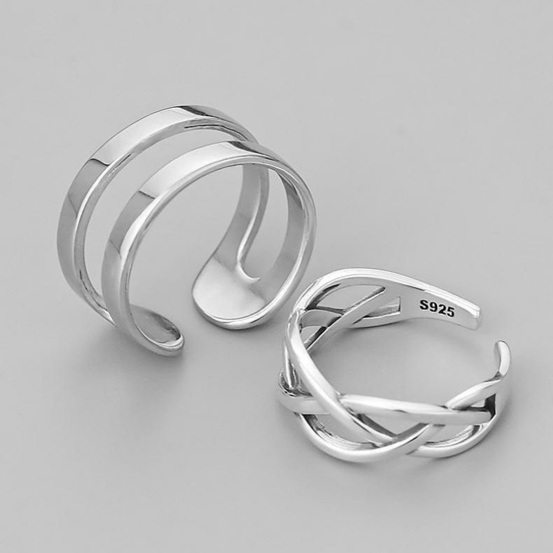 Magic789 3PCs / Set Cincin Terbuka Adjustable Motif Geometri Bahan Metal Warna Silver Untuk Pria / Wanita