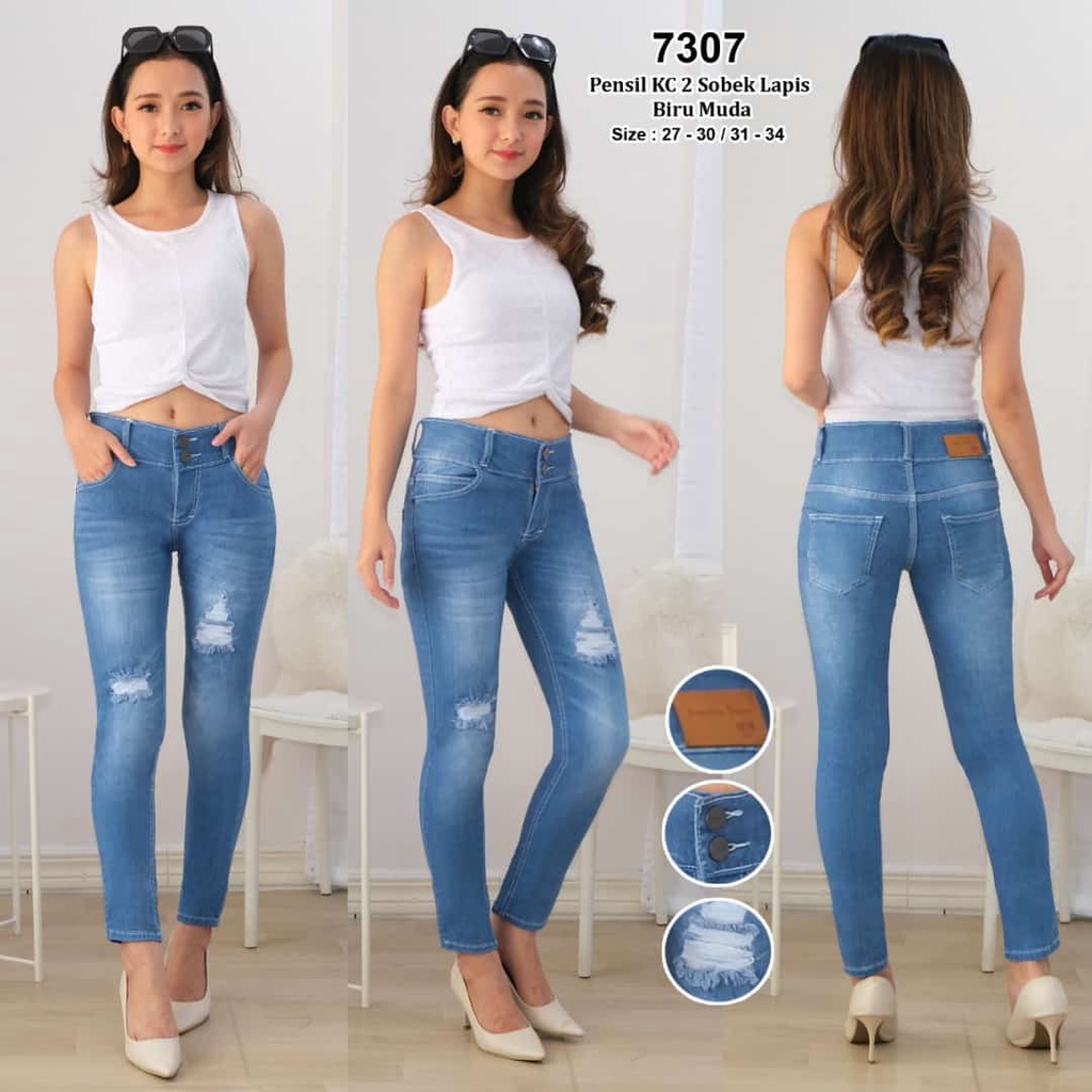 Celana Panjang Jeans Wanita Pensil KC 2 Sobek Lapis 27-30 31-34 Bisa Bayar Ditempat(COD)