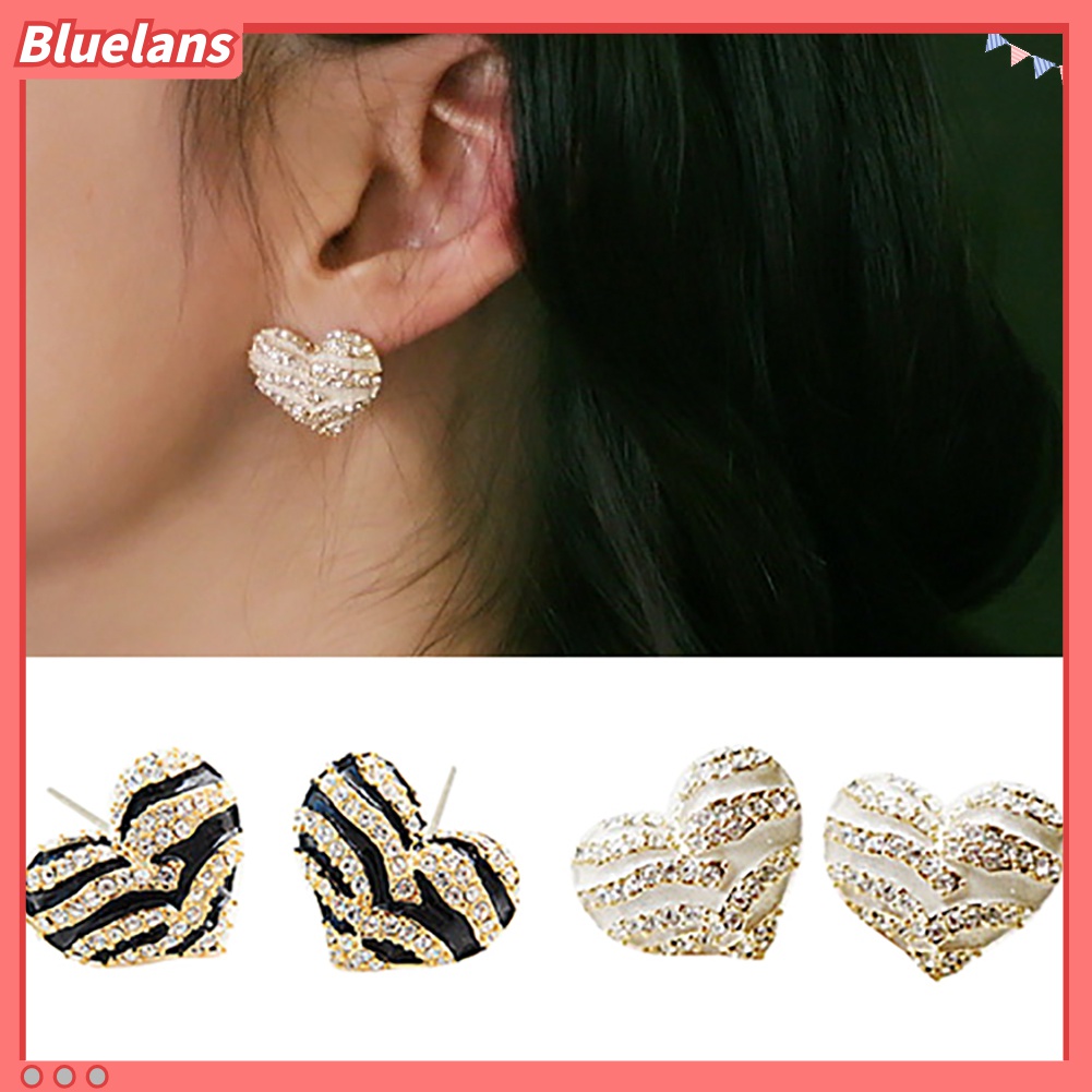 Anting Stud Kristal Berlian Imitasi Bentuk Hati Zebra Untuk Wanita