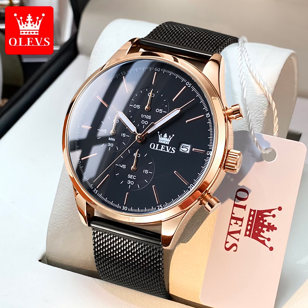 OLEVS Jam Tangan Pria Original Anti Air Tahan Luminous Fashion Analog Chronograph Stainless Steel Watch Men