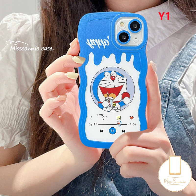 Case OPPO A78 A17 A16K A15 A54 A16 A57 A7 A1K A12 A95 A55 A76 A96 A16s A74 A53 A9 A12E A15s A5s A5 A52 A16E A3s Reno 8T 8 7 6 F9 Kartun Doraemon Milk Tea Lucu Bergelombang Sarung Tepi