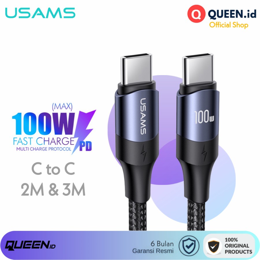 USAMS Kabel Data Charger USB TYPE C to C 100W 5A PD 2M 3M Fast Charging QC - SJ525 SJ526