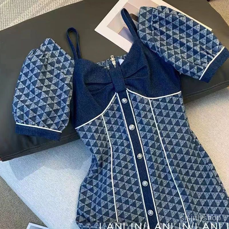 #Sisjuly# Gaun denim wanita musim panas rok desain Prancis baru