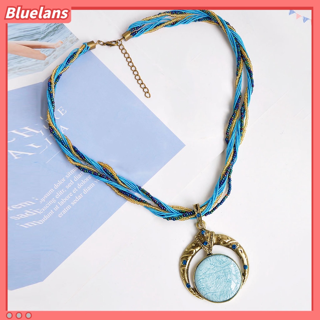 Kalung Rantai Multilayer Liontin Manik-Manik Ukir Bentuk Bulat Unik Gaya Bohemian Vintage Untuk Wanita