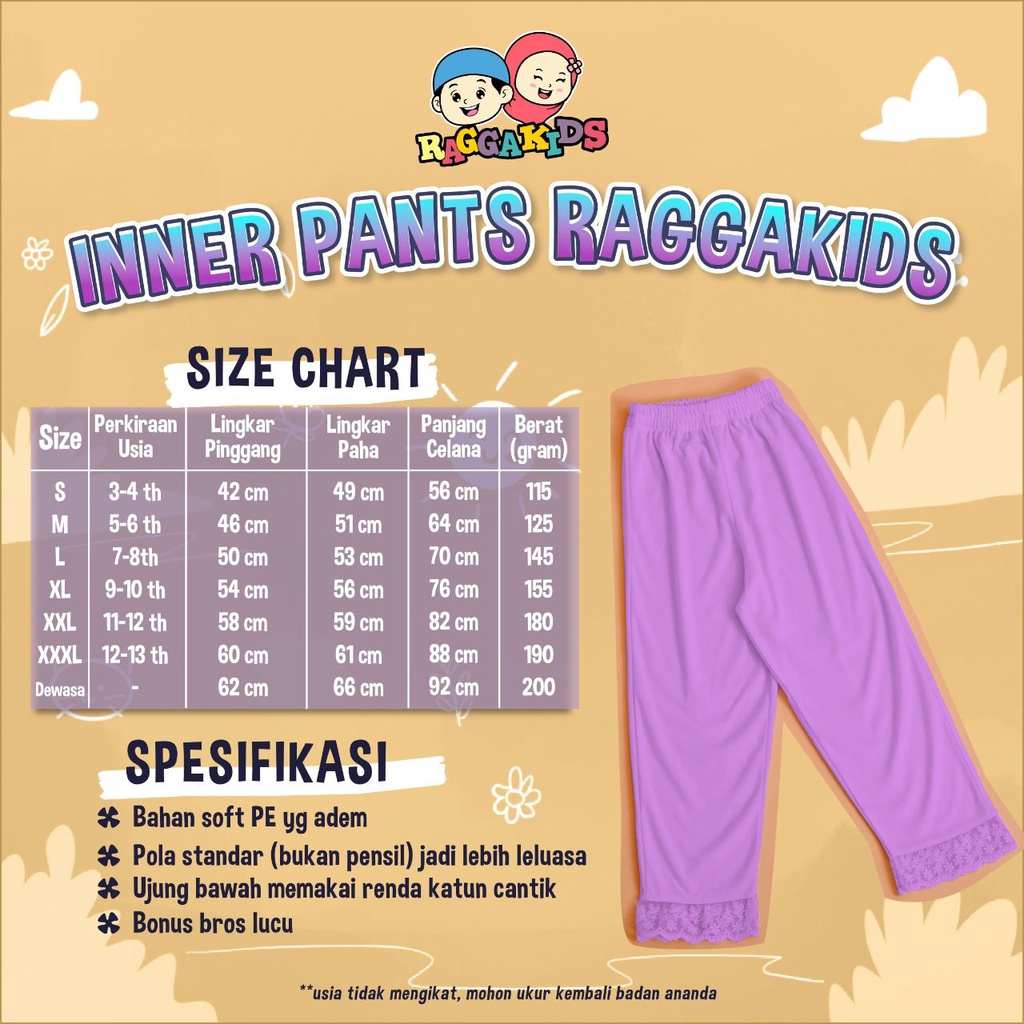 Celana Dalaman Gamis Raggakids inner pants anak remaja dan dewasa free mini bros
